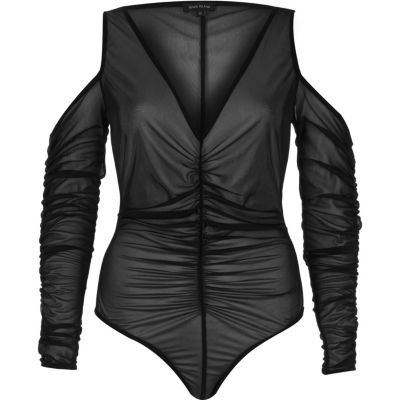 Black ruched cold shoulder bodysuit